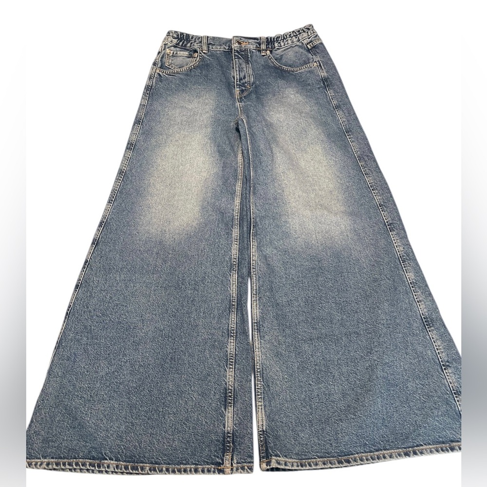 Free People Jeans Blue Denim Extra Wide Leg Flared Button Fly We The Free Sz 25